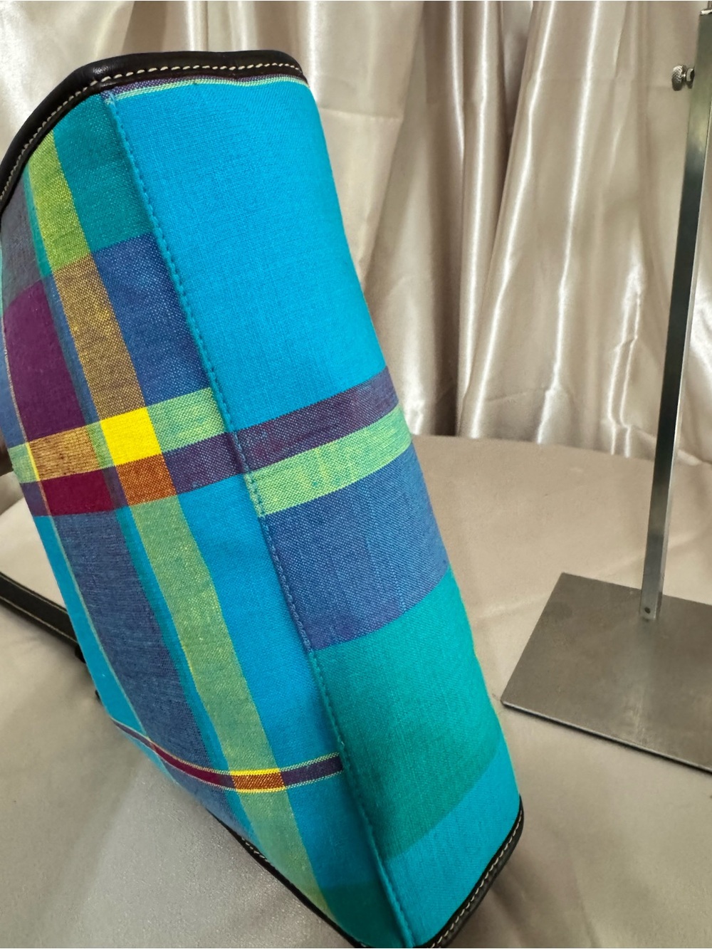 Lauren Ralph Lauren Teal Plaid Shoulder Bag with leather Trim - Picture 5 of 16
